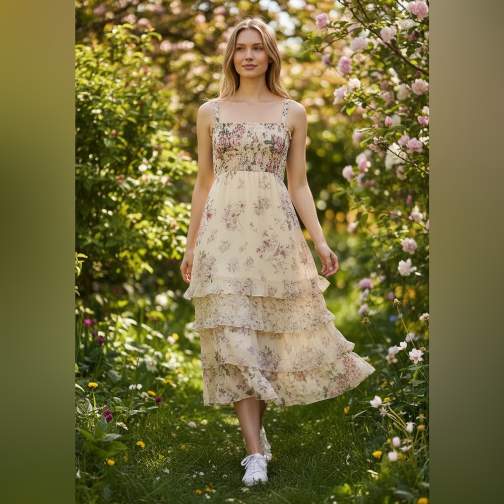KEMP COLLECTION Cream Romantic Floral Crinkle Tiered Smocked Midi Dress Large